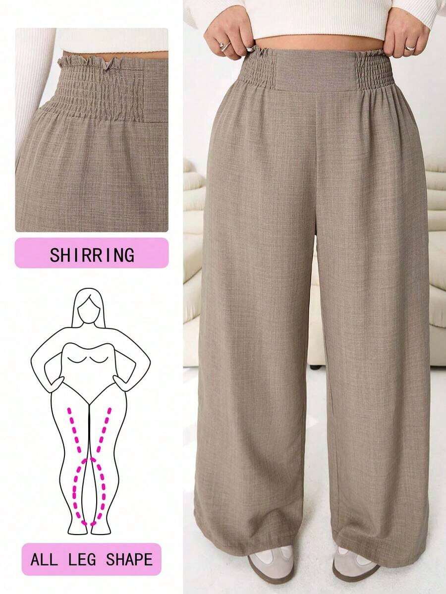 2026 Primavera/Verano Nuevos pantalones casuales para uso diario, fiestas, ir al trabajo, volver al colegio, citas, en casa, fiestas de cumpleaños, para múltiples ocasiones, con cintura elástica holgada, pernera ancha, color beige, talla grande - Caqui - Ver 1