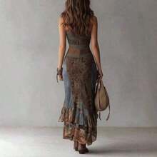 12026 New Vintage Patchwork Print Asymmetrical Long Dress Slim Fit High Slit Dress - 印刷顏色 - 查看 7