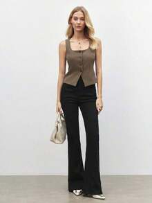 Blusa de un solo pecho de unicolor, versátil y casual para uso diario - Marrón - Ver 2