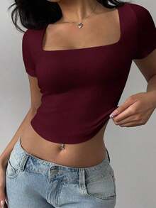 Top corto ajustado de mujer con cuello convertible de punto de unicolor - Burdeos - Ver 3