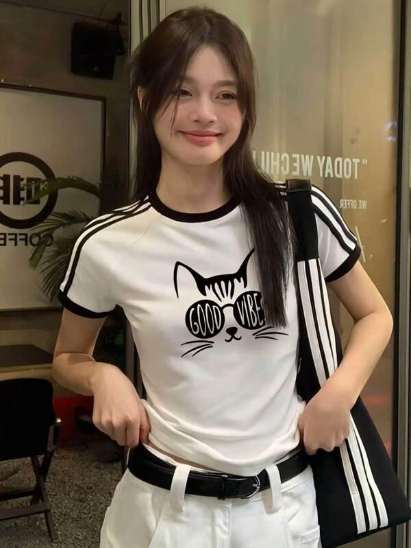 American Sweet & Cool Style Glasses Cat Letter Print Short Sleeve T-Shirt Women Raglan Sleeve Slimming Fit Versatile Top Vintage GOOD VIBES Casual