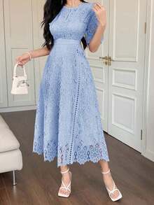 Vestido corto con adorno de encaje en las mangas, vestido mini elegante y refinado - Azul - Ver 3