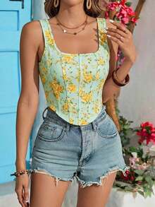 Top corto de punto con estampado de vacaciones para mujer - Verde - Ver 4