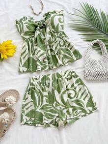 Set de 2 piezas para mujer con parte superior corta sin mangas con volantes y estampado de rayas y flores, y shorts casuales para verano, vacaciones en la playa y fiestas - Verde 2 - Ver 3
