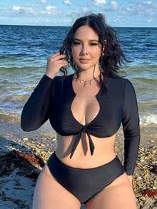Conjunto de traje de baño con manga larga, cuello en V y lazo para tallas grandes - Negro - Ver 7
