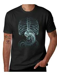 Camiseta Unisex para Hombre y Mujer, Diseño Gráfico de Alien Xenomorph XRay, Estilo Casual, Oversize, 100% Algodón, Diseño Azul que Brilla en la Oscuridad, Ropa para Fanáticos del Anime, Uso en Todas las Temporadas, Camiseta de Algodón con Diseño que Brilla en la Oscuridad. - Negro - Ver 1