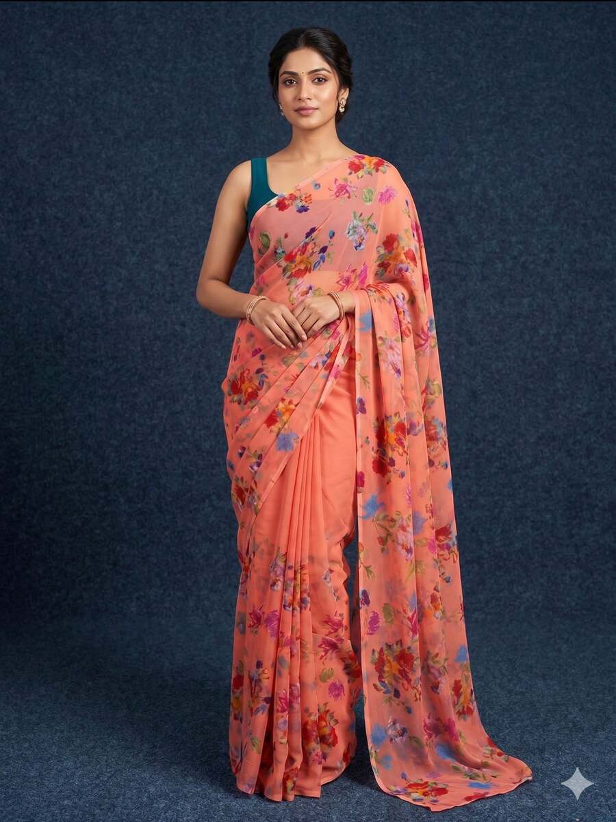Estationeryhouse Chiffon Saree With Floral Print In Pastal Colours, Blouse Not Included - Durazno - Ver 1