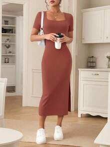 Frenchy Vestido elegante de unicolor de manga corta con abertura simple para mujeres - Naranja Quemada - Ver 3