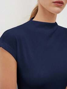 Camiseta de mujer de manga corta con cuello alto y mangas de murciélago, de unicolor, para uso casual de negocios, uniforme de maestro, ropa de oficina, escuela, top básico, estilo vintage - Azul marino - Ver 11