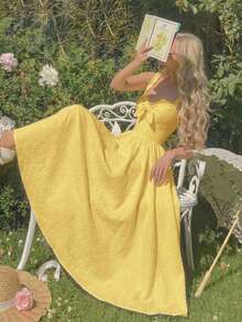 Vestido de mujer de unicolor con nudo delantero, elegante, con tirantes finos y de largo medio - Amarillo claro - Ver 2
