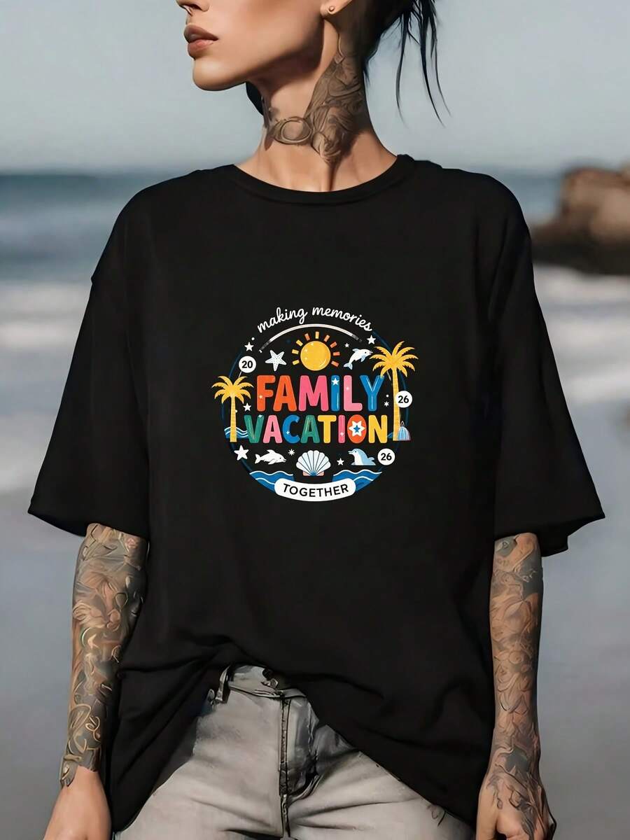 Creating Memories 2023 Family T-Shirt Beach Vacation Together 180g T-Shirt Surf Palm Trees Sun Festival Summer Gift For Family Reunion Party Team Building Work Retreat - 黑色 - 查看 1