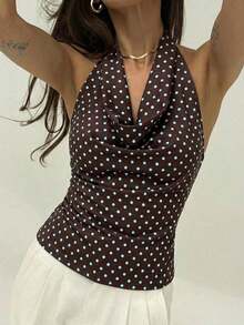 retro sexy con estampado de lunares en todo el diseño, cuello halter profundo drapeado, espalda descubierta y lazo trasero, adecuada para citas - Marrón 2 - Ver 1