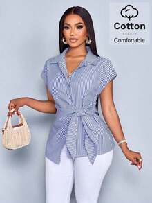 Camisa con botones y estampado de rayas para mujer, blusa casual y elegante con lazo delantero con estampado de rayas - Azul - Ver 7