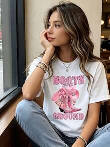 Camisetas Casuales para Mujer, Camiseta de Cuello Redondo con Estampado Gráfico de Botas Vaqueras Rosadas y Sombrero, Manga Corta, Ropa Casual para Festivales de Música Country y Atuendos Diarios, Camiseta para Mujer, Estilo Y2K, Camisetas de Moda de Verano, Conjuntos y Tops Casuales de Streetwear. - Blanco - Ver 4