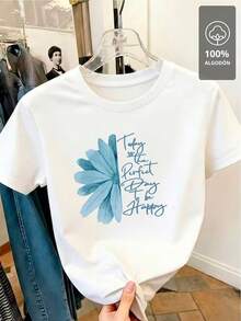 Camiseta con estampado de cita de flores azules - 100% algodón - [Blanco] - Ver 4
