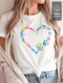 100% Multicolor T-Shirt With Paw And Heart Design - [Putih] - View 1