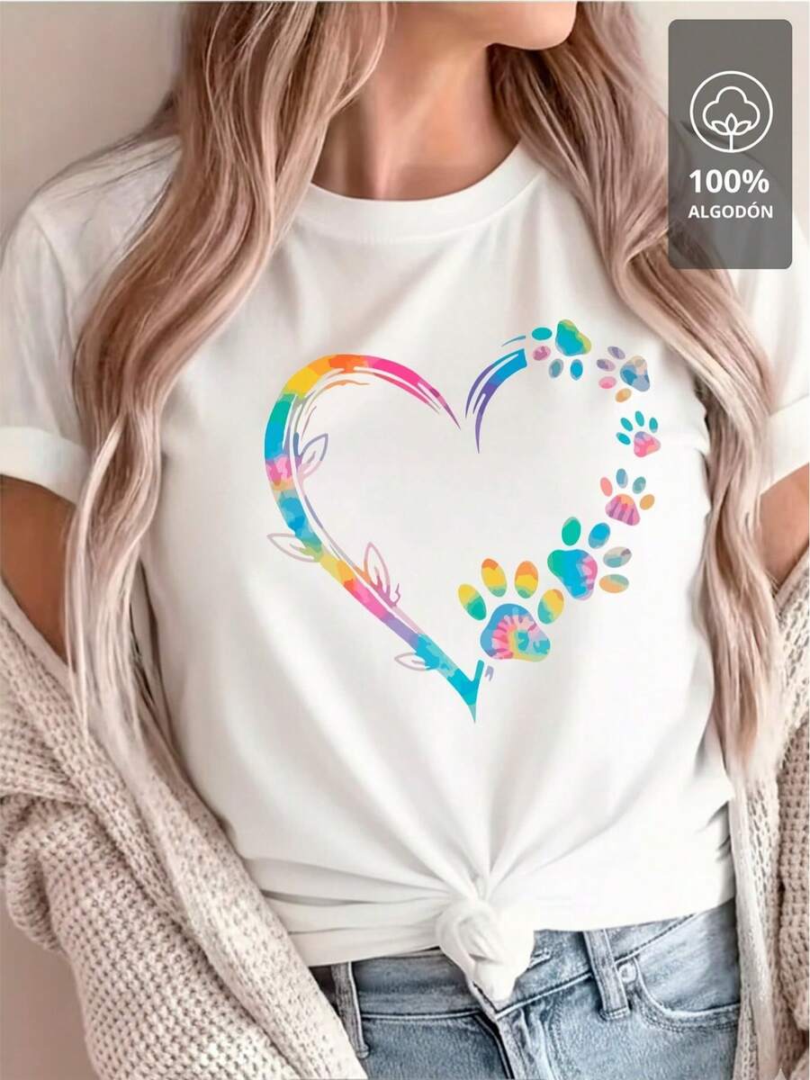 100% Multicolor T-Shirt With Paw And Heart Design - [Putih] - View 1