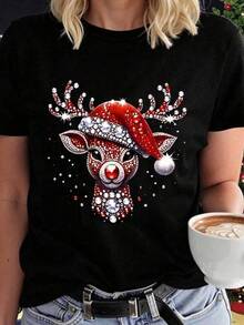 Playera con estampado de Reno, vestido con adornos navideños, colorido, moderno, holgado, cuello redondo, manga corta, para fiestas de temporada y uso diario, ideal para toda la familia 100% algodón, estilo Y2K Bababask - Negro - Ver 1