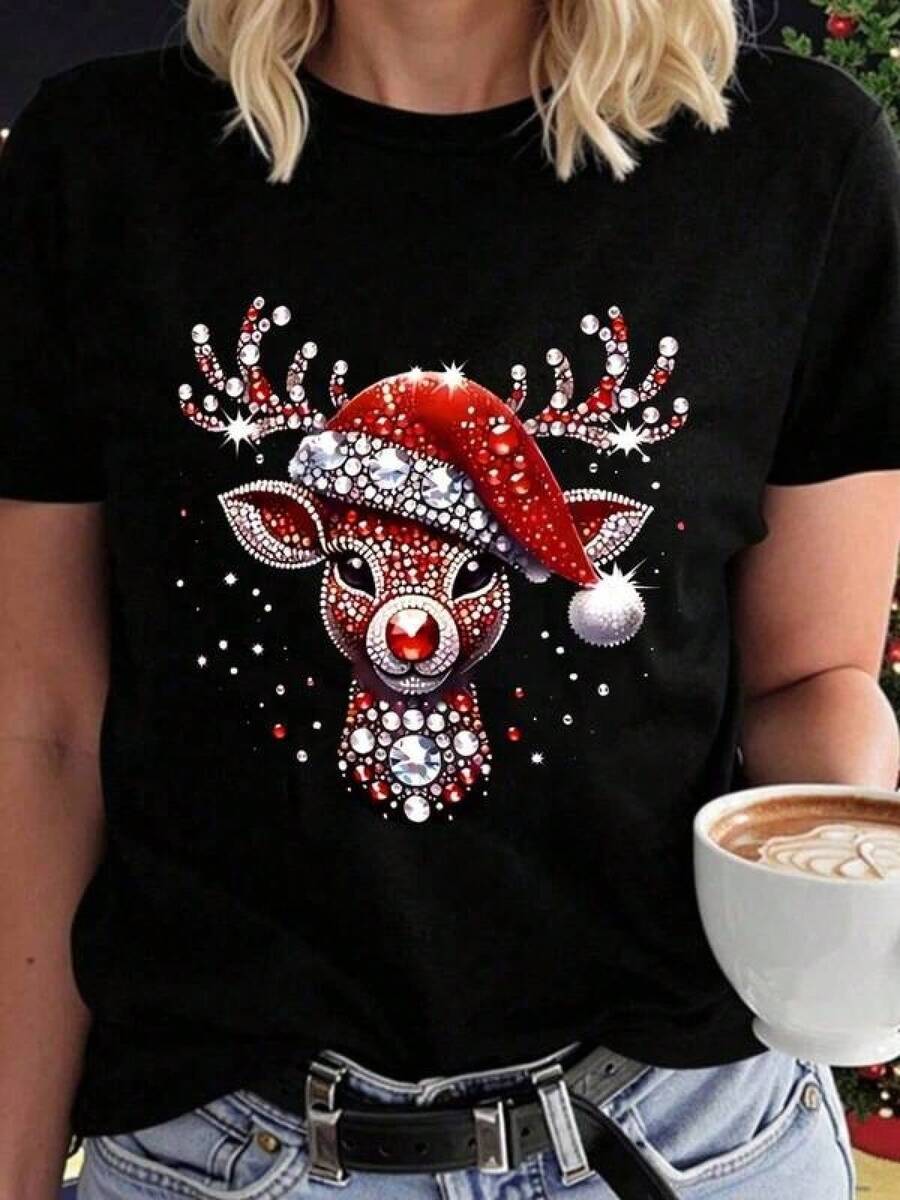 Playera con estampado de Reno, vestido con adornos navideños, colorido, moderno, holgado, cuello redondo, manga corta, para fiestas de temporada y uso diario, ideal para toda la familia 100% algodón, estilo Y2K Bababask - Negro - Ver 1