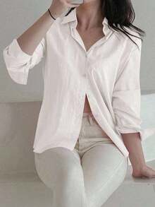 Blusa suelta de unicolor con botones para mujer, de moda para el verano y el otoño, top de manga larga - Blanco - Ver 5