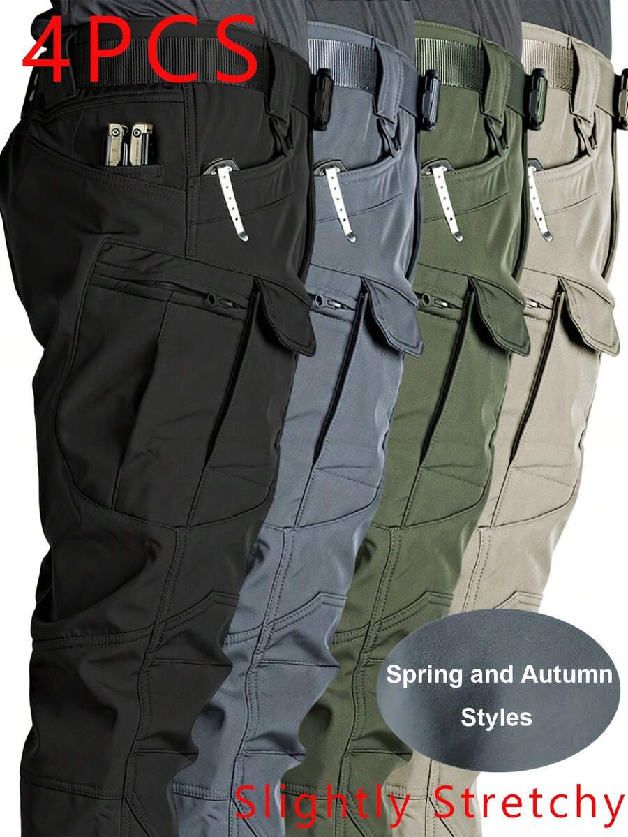 4PCS Men's Tactical Cargo Pants, Multi-Pocket Slightly Stretchy Outdoor Hiking & Work Pants,Casual Trousers. - Đen + Xám + Xanh lá cây + Màu kaki - Xem 1