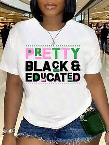 Women's J15 AKA 1908 Crew Neck Print T-Shirt - Featuring Empowering Slogans In Pink And Green, Breathable, Short-Sleeved, Casual, Summer, Machine Washable, Festive Wear, Comfortable Fit. Printed T-Shirt, Women's Printed T-Shirts, Summer T-Shirt, Casual T-Shirt, Women's Vacation Outfits, Youthful And Modern Design. Suitable For Spring, Summer, And Autumn. - 白色 - 查看 1