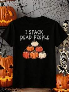 Women's T-Shirt, Inspired By "I Stack Dead People", With Pumpkin And Tombstone Design, Pooky Cute Style - Casual Summer T-Shirts For Women, 100% Cotton, Soft, Breathable, Loose Fit, Summer Clothes For Women, Urban Clothes, Outfit For Parties And Festivals, Suitable For Spring, Summer And Autumn. - 黑色 - 查看 7