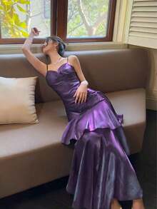 Vestido de fiesta con volantes en el bajo en color borgoña, conjunto brillante rojo para conciertos, vestido formal elegante de tirantes finos para dama de honor, cumpleaños, graduación, ropa de verano y primavera para bodas - Morado - Ver 3