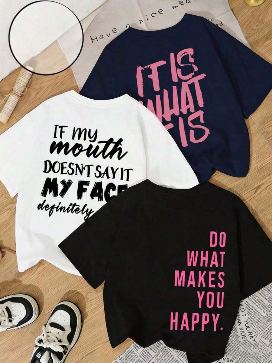 3-Piece Women's Short-Sleeve Crew Neck T-Shirt Set, Loose Fit, Casual And Cute Design, Ideal For Everyday Wear And Vacations. Women's 3-Piece Summer Set With Graphic Print Crew Neck T-Shirts. Suitable For Valentine's Day, Back To School, Teacher's Day, And Other Holidays. Casual, Soft, Loose, And Comfortable Short-Sleeve T-Shirts With Letter Print. | Exquisite Design | Loose And Comfortable | Easy To Match | - 黑色 - 查看 1