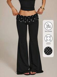 Pantalones acampanados con cintura plegable de color contrastante para mujer - Negro 4 - Ver 9