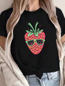Women's Disco Ball Style Strawberry Print T-Shirt - 100% Cotton, Comfortable Fit, Black With Colorful Strawberry Design, Casual Crew Neck T-Shirt For All Seasons - High Quality - 黑色 - 查看 6