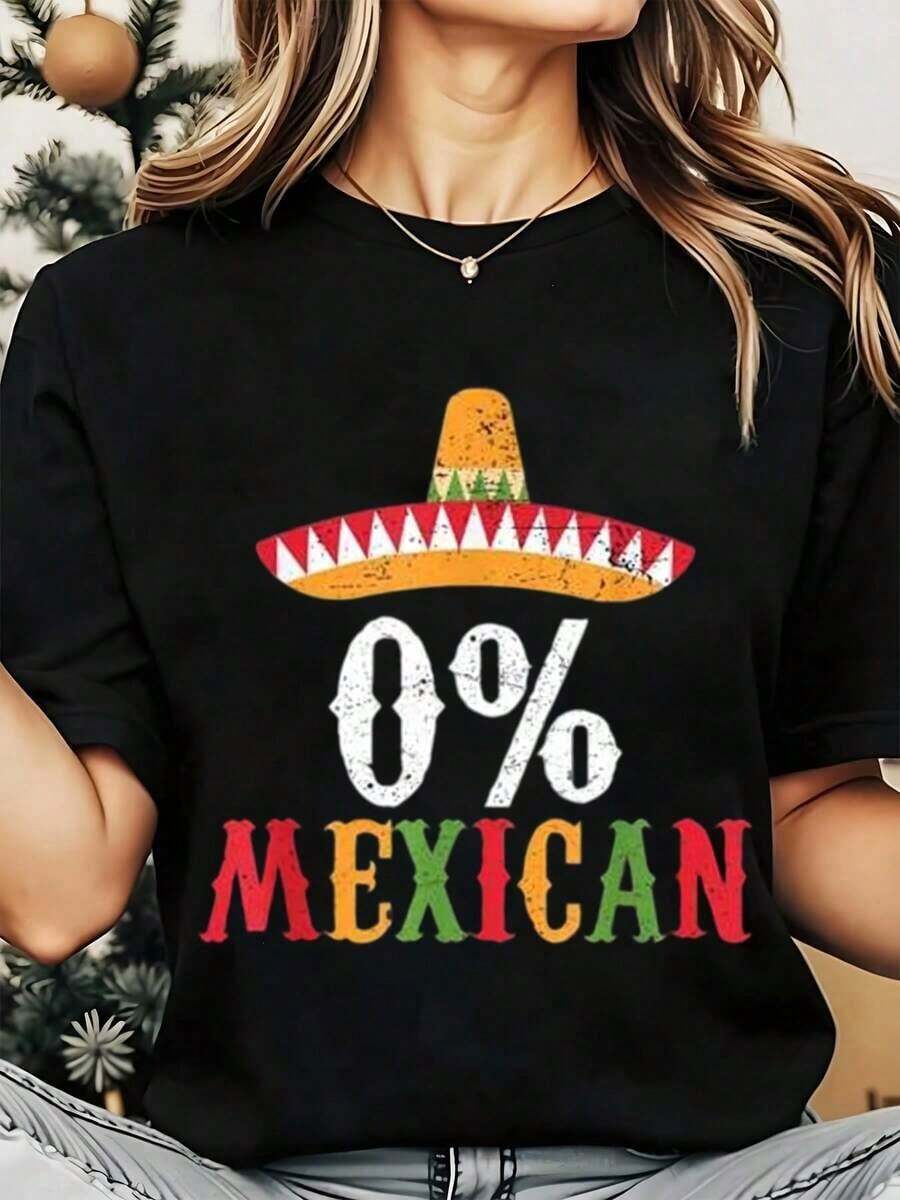 Sombrero 0 Percent Women's Mexican Print Crew Neck T-Shirt For Party, Cinco De Mayo Celebration, 220g, Short Sleeve T-Shirt - 黑色 - 查看 1