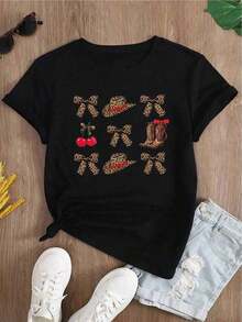 vintage Camisetas Gráficas YOCASA: Camiseta Casual de Verano para Mujer, con Cuello Redondo, Ajustada y de Manga Corta, con Estampados de Pintura al Óleo, Florales, de Corazones, de Cerezas y de Letras. Tela sencilla y casual, estilo deportivo, ideal para uso diario y una cita de San Valentín. 100% algodón.  top playeras de mujer>basico - Negro - Ver 2