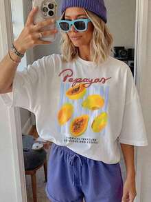 Nueva camiseta casual de manga corta para mujer a la moda |   Diseño holgado, estampado de frutas tropicales y papaya brillante, camiseta de verano transpirable, lavable a máquina, cómoda para el uso diario, tela no transparente con diseños divertidos, 100% algodón, camiseta de cuello redondo y corte holgado - camiseta unisex de algodón de manga corta y cuello redondo de estilo vintage urbano. - Blanco - Ver 2