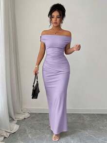 Women's Fitted Party Dress With Off-The-Shoulder Design And Elegant Metallic Details - 軍綠色 - 查看 4