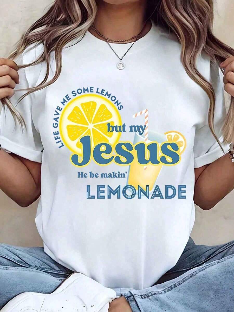 Soft, Breathable, And Lightweight For All-Day Comfort. Women's T-Shirt With A "Lemon Jesus He Be Making Lemonade" Print, Crew Neck, Casual Style, Ideal For A Summer Gift, 220g. Classic Neckline With A Relaxed Fit That Flatters All Body Shapes And Is Easy To Pair With Jeans, Shorts, And Leggings. - 白色 - 查看 1