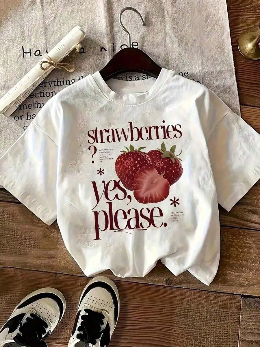 Envío gratis, entrega local enéxico, entrega en 4 días. Camiseta de corte ancho para mujer, con letras y divertidos estampados de fresas, ropa de verano, estilo Y2K, cuello redondo, transpirable, ligera y cómoda, estampado de frutas y verduras, manga corta, colección primavera-verano. - Blanco - Ver 1