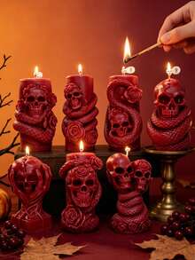 Gothic Style Dark Red Skull & Snake Coiled Scented Candle - 3D Embossed Vintage Decor, Halloween Party Atmosphere Enhancer, Dark Aesthetic High-End Gift - Halloween - Scented Candles - View 2
