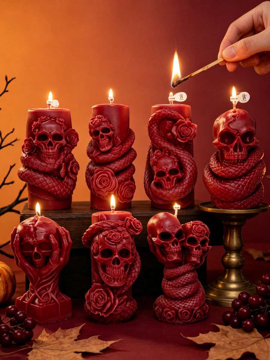 Gothic Style Dark Red Skull & Snake Coiled Scented Candle - 3D Embossed Vintage Decor, Halloween Party Atmosphere Enhancer, Dark Aesthetic High-End Gift