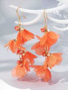 1 Pair Women's Elegant Fabric Flower Long Earrings, Suitable For Daily Wear (Bead Color Random) - Orange - E1339 - View 3