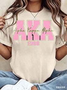 Women's & Men's Fashion 2026: New Summer Collection, Women's T-Shirt With Alpha Alpha AKA 1908 Sorority Print, Crew Neck, Short Sleeve, Casual Style, Gift For College Students. New Loose And Versatile T-Shirt. - 杏色 - 查看 5