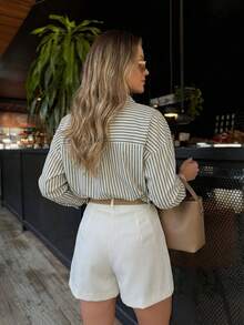 1 pieza Camisa de mujer de manga larga a rayas, adecuada para negocios, casual, ir al trabajo, fiestas, vacaciones, oficina, uso diario, viajes, todas las estaciones - Verde militar - Ver 2
