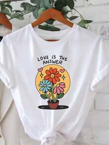 Simple And Versatile Design "LOVE IS THE ANSWER" Women's T-Shirt With  Face And Flower Pot Print, For Everyday Wear, Greetings To Friends, Cool And Relaxing Style, Short Sleeve, Cotton T-Shirt With Casual Atmosphere. - 白色 - 查看 7