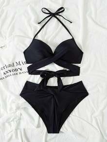 Swim Mod Conjunto de bikini de tirantes cruzados con envoltura de playa y soporte push-up para el verano - Negro - Ver 5