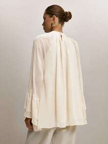 Blusa suelta de moda con mangas acampanadas y cuello raglan de unicolor para mujer - Albaricoque - Ver 3