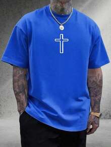 Men's Classic Graphic T-Shirt, Jesus Cross, Faith, Everyday Wear, 100% Cotton, Unisex, Gift Idea For Him Or Her, Religious Clothing, Spiritual Clothing, Christian T-Shirt, Comfortable Design, Casual Style, Summer T-Shirt - 藍色 - 查看 2