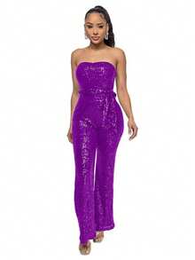 New Women's Jumpsuit, Hot Style, Sleeveless, Sequined, Backless, With Ribbons, Tube Top, Sexy Design, Perfect For Photoshoots, Nightclubs, Parties And Evening Looks - 紫色 - 查看 8