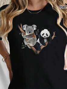 Camiseta casual de manga corta y cuello redondo para mujer - Adorna con un lindo estampado de koala y panda, cómoda para todas las estaciones, top de fácil cuidado - Negro - Ver 7
