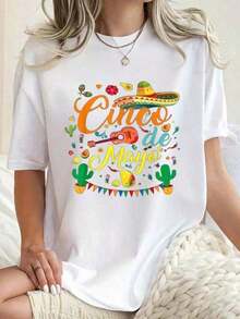 Cinco De Mayo Festive Celebration Illustration With Sombrero, Guitar, Cactus, Tacos - Playful Colorful Mexican Cultural Art Print For Wall Decor, Party Supplies, Cinco De Mayo Giftplayeras de mujer - Blanco - Ver 1