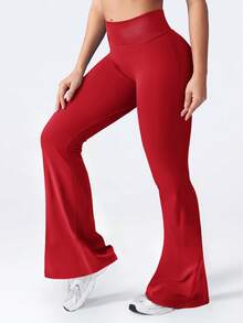 Yefecy Pantalon de yoga évasé pour femmes, legging de fitness sans couture, élastique, levant les fesses, sans plis - Rouge - Voir 4